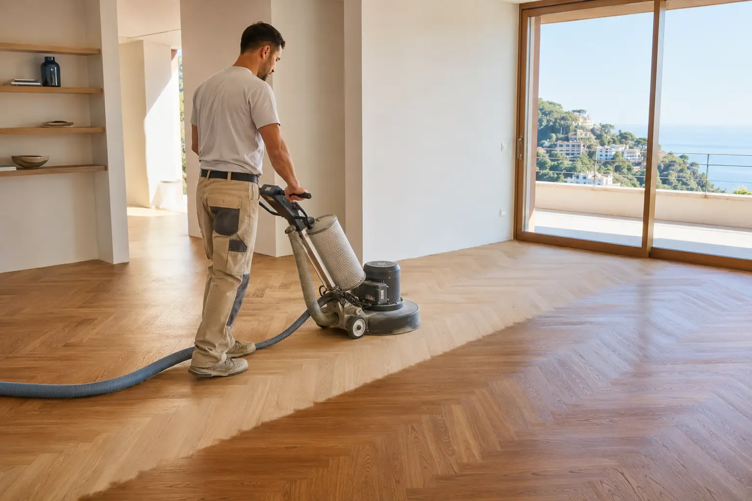 Profesional lijando un parquet de madera en Málaga con maquinaria y aspiración