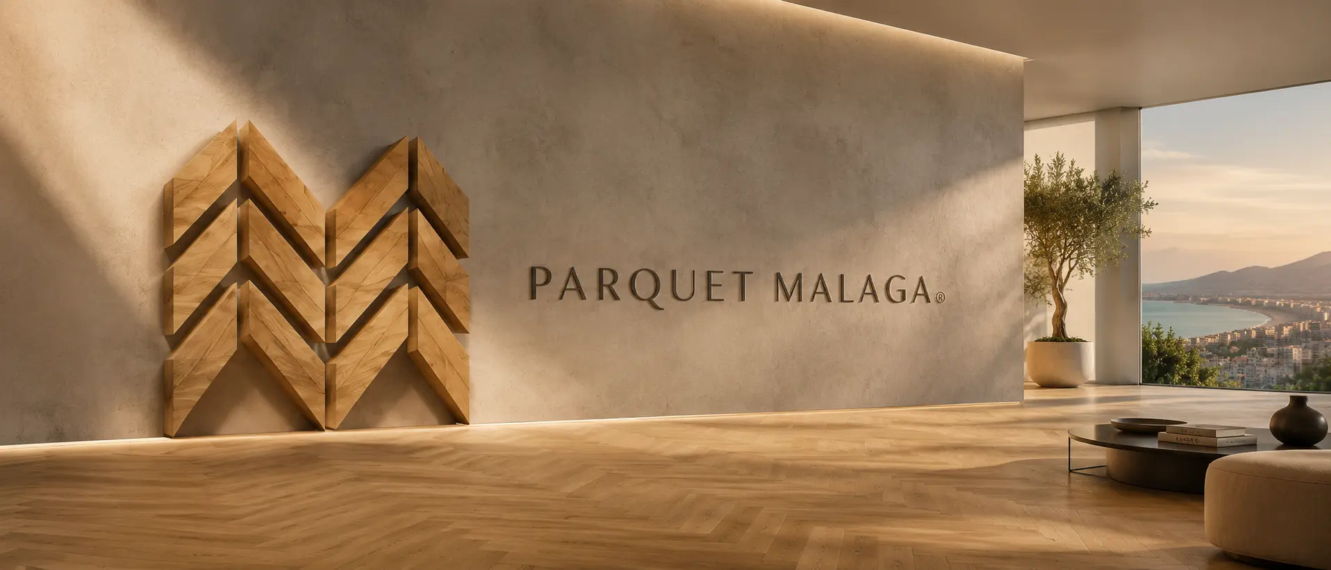 Identidad de Parquet Málaga con símbolo de madera y luz mediterránea